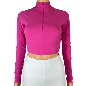 Naked Wardrobe Hot Pink Ribbed Quarter Zip Crop Top Long Sleeve NW-T2330 Medium